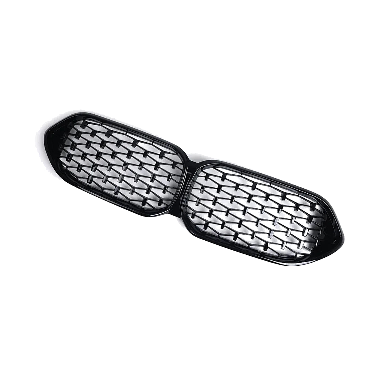 Glossy black diamond-style front kidney grille pair, angled view, for BMW 2 Series F44 (2020+)