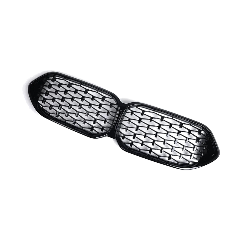 Glossy black diamond-style front kidney grille pair, angled view, for BMW 2 Series F44 (2020+)