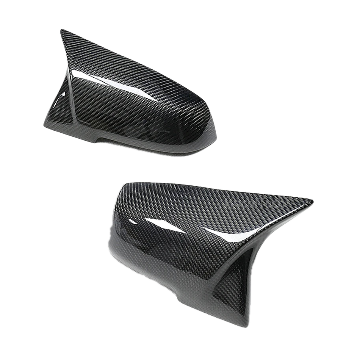 Carbon fiber look mirror cap cover pair, top and side view, for BMW F20 / F30 / F32 / X1 E84