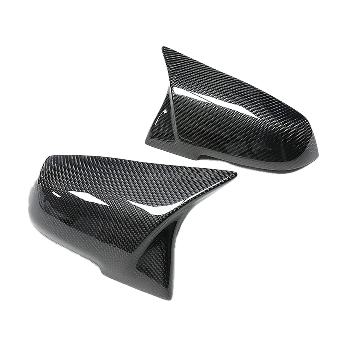 Carbon fiber look mirror cap covers, rear angled view, for BMW F20 / F30 / F32 / X1 E84