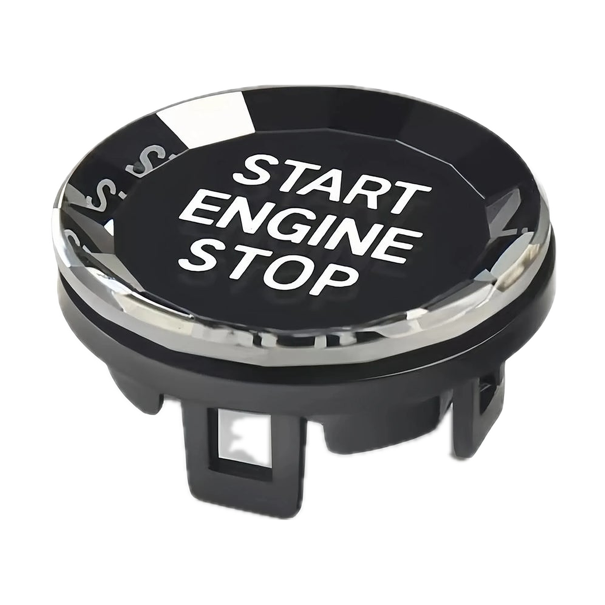 Black crystal start stop button cover with faceted clear ring, angled view, for BMW G20 / G22 / G05 / G07 / F40 / F44