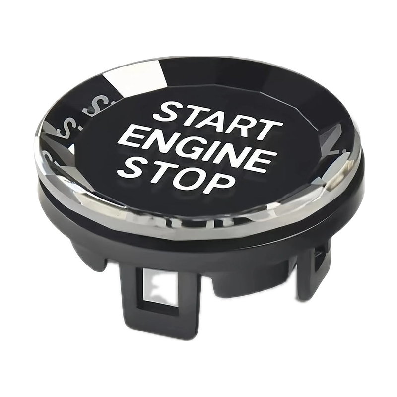 Black crystal start stop button cover with faceted clear ring, angled view, for BMW G20 / G22 / G05 / G07 / F40 / F44