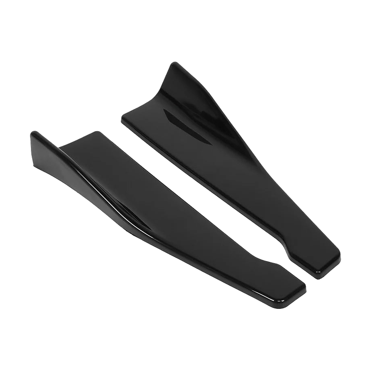Gloss black side skirt extension winglets, 48 cm pair, angled view, universal fit for BMW