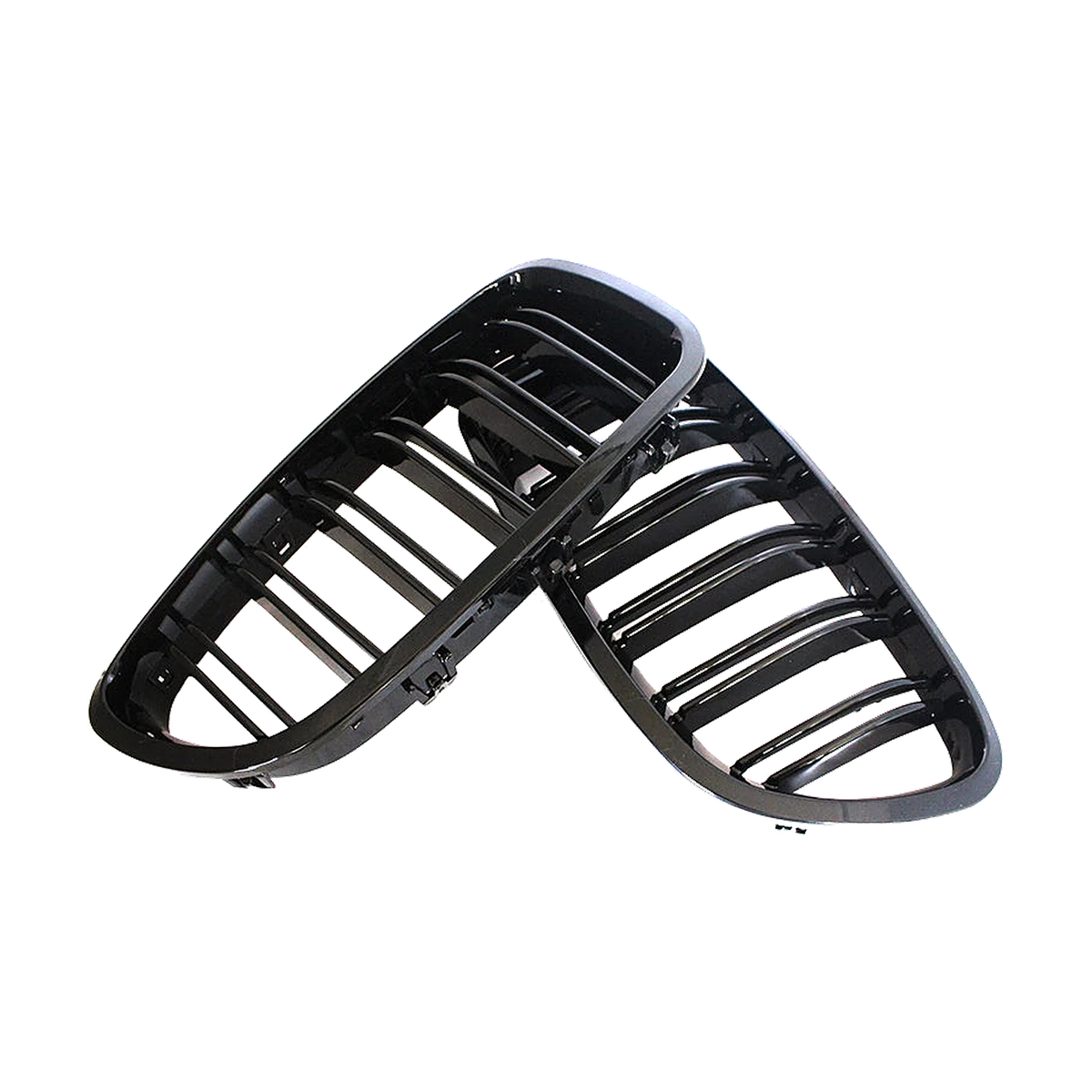 Gloss black double slat kidney grille pair for BMW 5 Series F10 / F11 / F18, angled view