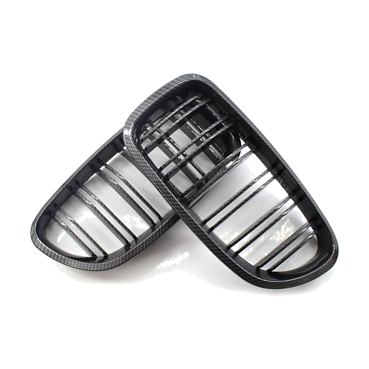 Carbon fiber look double slat kidney grille pair for BMW 5 Series F10 / F11 / F18, angled view
