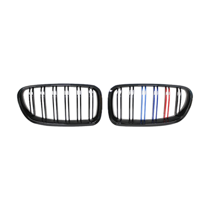 Gloss black double slat kidney grilles with tri color M stripes for BMW 5 Series F10 / F11 / F18, front view