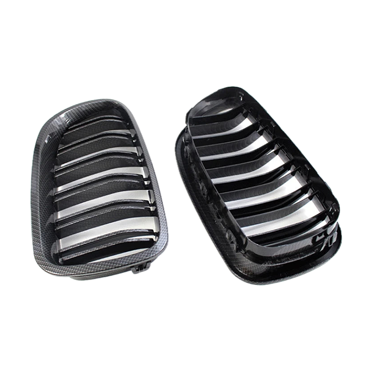 Carbon fiber look double slat kidney grilles, front and rear view, for BMW 5 Series F10 / F11 / F18