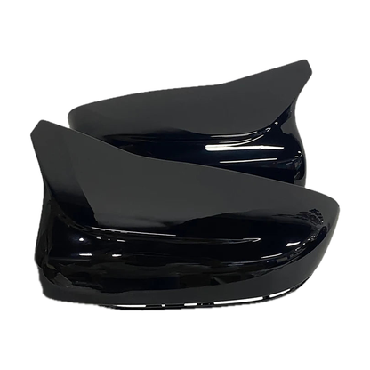 Gloss black mirror cap pair for BMW G20 / G21 / G30 / G31 / G32 / G11 / G14, angled view