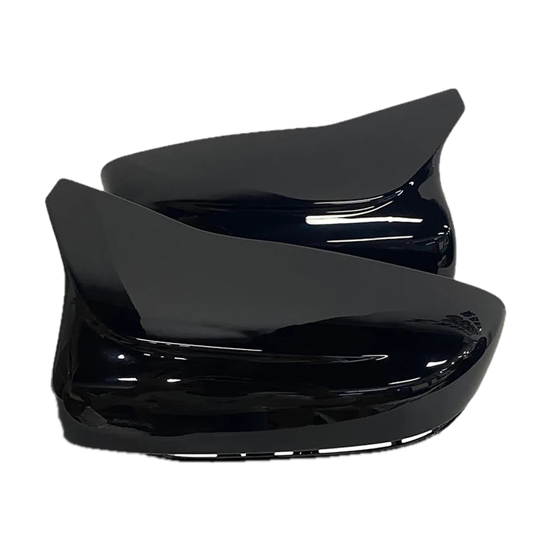 Gloss black mirror cap pair for BMW G20 / G21 / G30 / G31 / G32 / G11 / G14, angled view