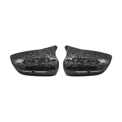 Forged carbon look mirror cap pair for BMW G20 / G21 / G30 / G31 / G32 / G11 / G14, front view