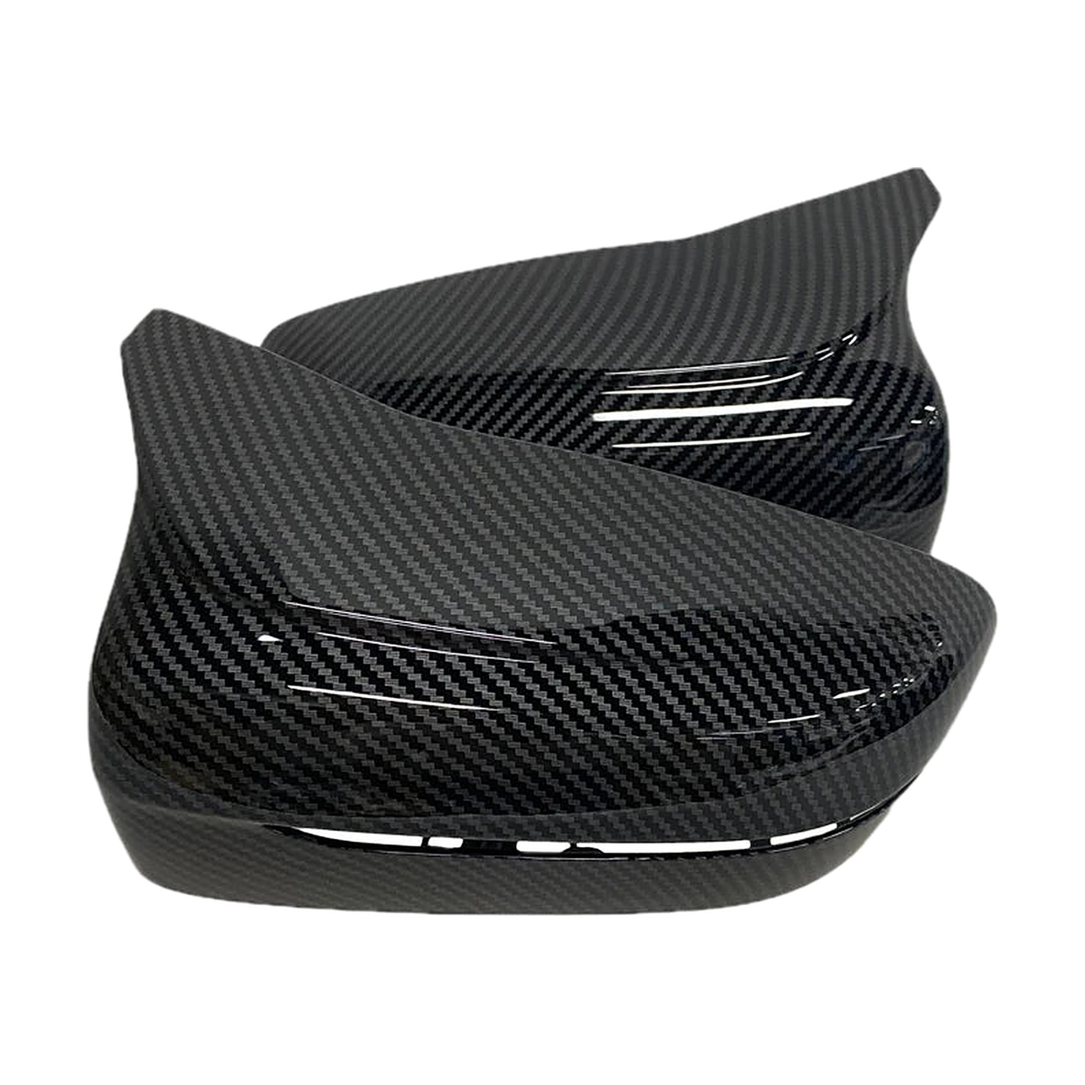 Carbon fiber look mirror cap pair for BMW G20 / G21 / G30 / G31 / G32 / G11 / G14, angled view