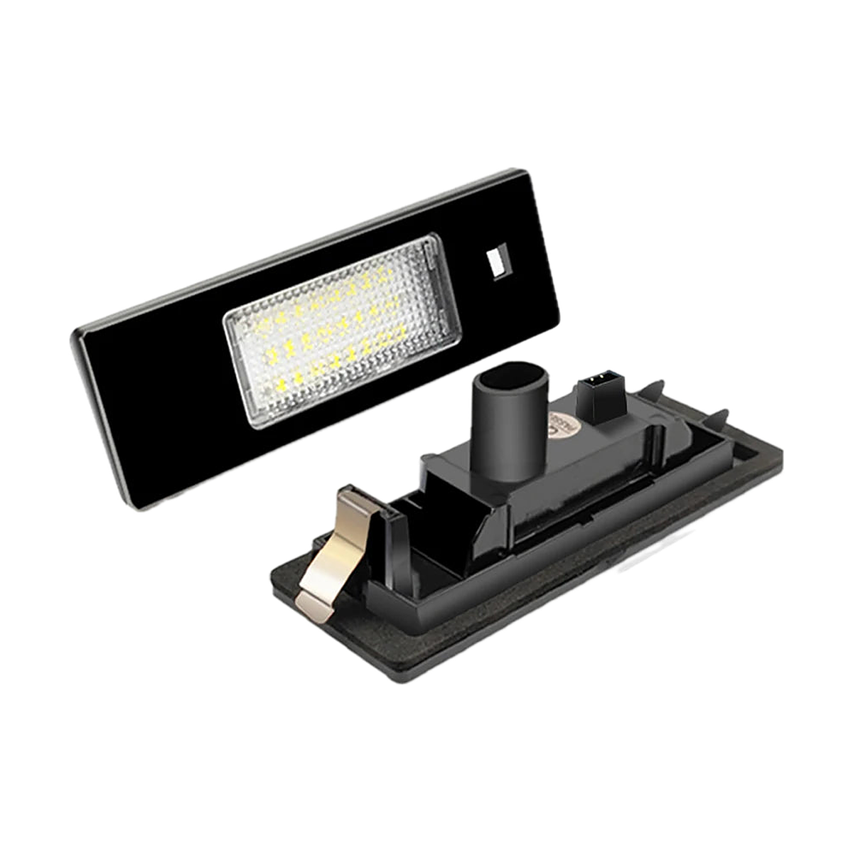 LED number plate light, lens and housing shown front and back, for BMW E81, E87, E63, E64, F12, F13, Z4 E85/E86