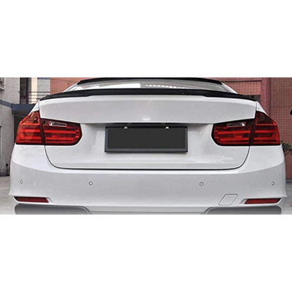 Flexible rear spoiler lip fitted on a BMW 3 Series trunk edge, universal fit 120 cm