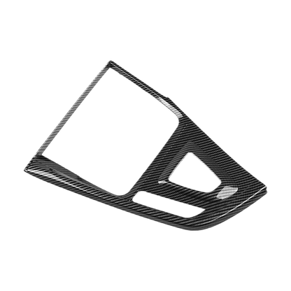 Carbon fibre pattern gear shift console panel cover, angled view, for BMW F30 / F31 / F34 / F32 / F33 / F36