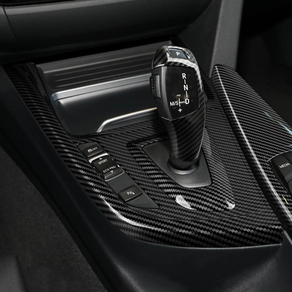 Carbon fibre pattern gear shift panel and knob cover fitted in the console, for BMW F30 / F31 / F34 / F32 / F33 / F36