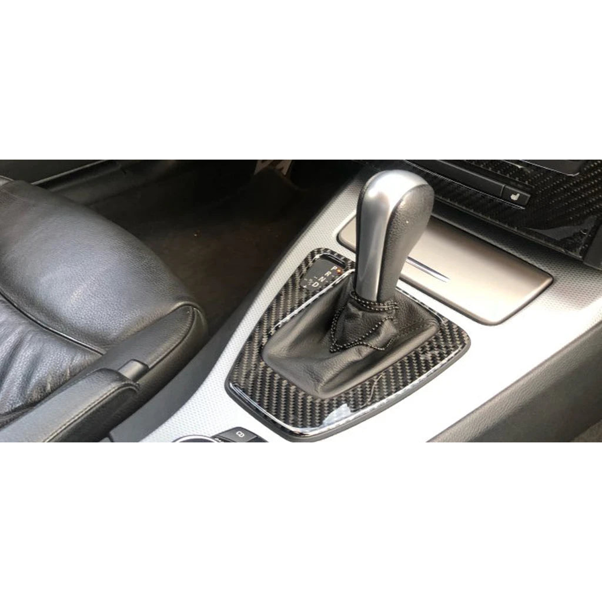 Carbon fibre gear shift panel cover installed on center console, for BMW 3 Series E90, E92, E93 2005 to 2012