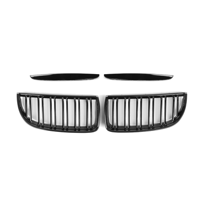 Gloss black double-slat kidney grille pair, front view, for BMW 3 Series E90, E91 Pre-LCI (2005-2008)