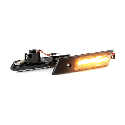 Clear lens LED side marker light, sequential dynamic turn signal, lit, for BMW E32, E34, E36 (1986-1996)