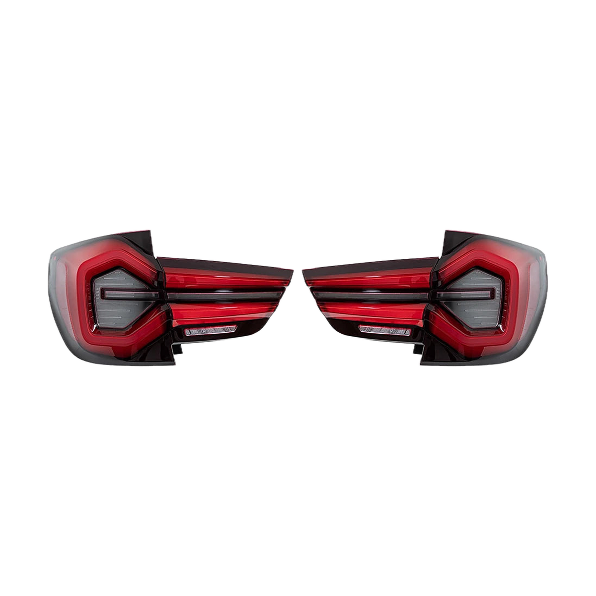 G01 style LED tail light set, left and right sides with smoked red lenses, rear view, for BMW X3 F25