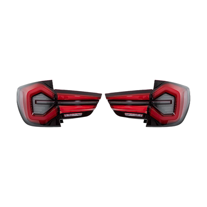 G01 style LED tail light set, left and right sides with smoked red lenses, rear view, for BMW X3 F25