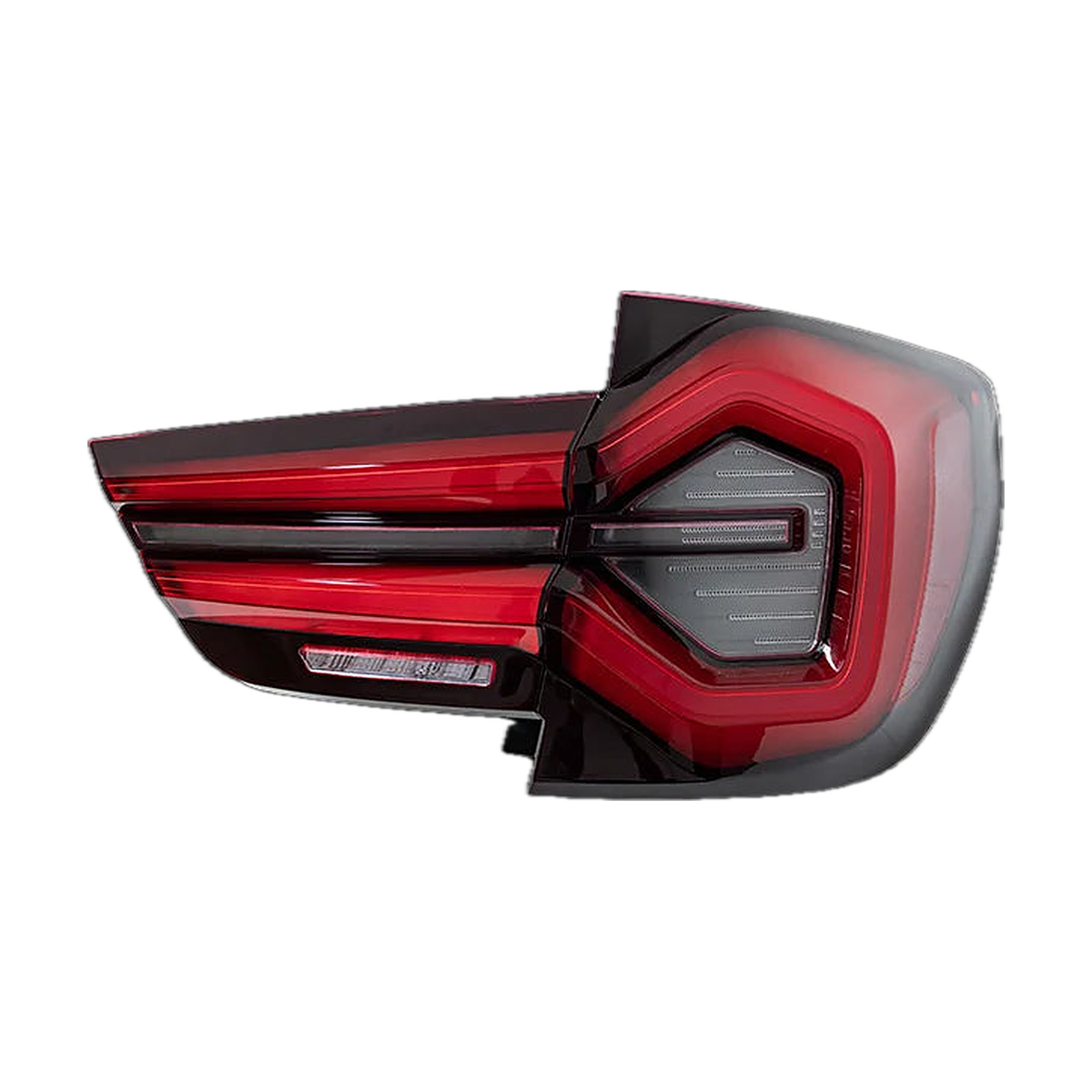 Single G01 style LED tail light with smoked red lens, outer and inner sections, angled view, for BMW X3 F25