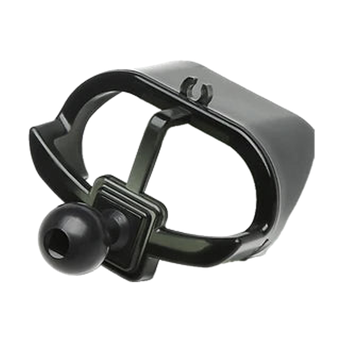 Black loop style phone mount base with 17 mm ball, three quarter view, for MINI