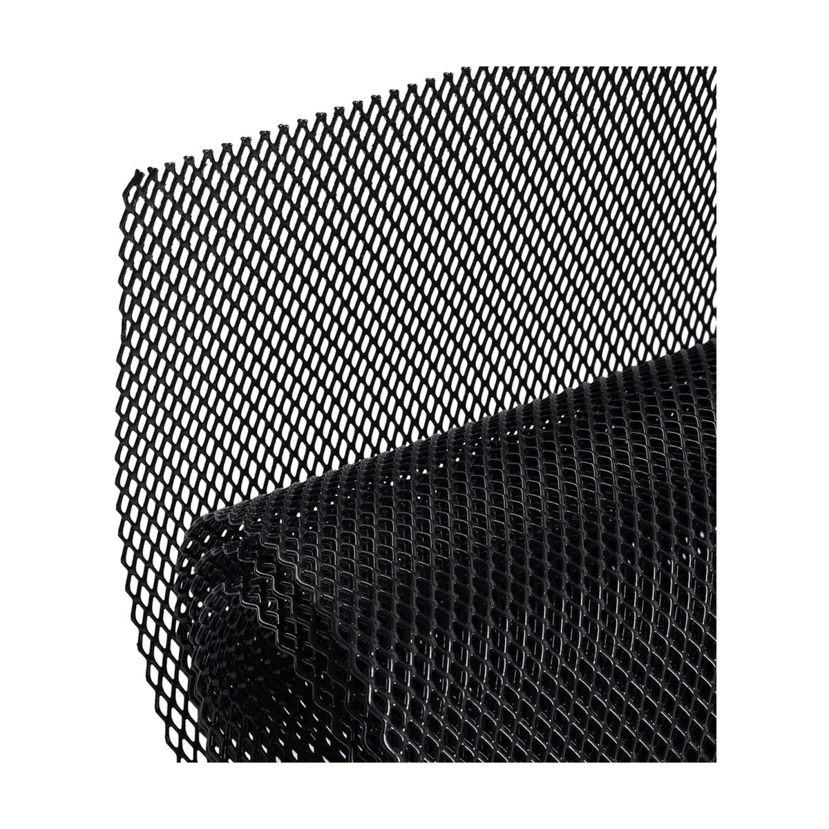 Black aluminium grille mesh sheet, close up of diamond mesh weave, universal fit for BMW