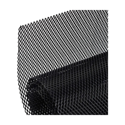 Black aluminium grille mesh sheet, close up of diamond mesh weave, universal fit for BMW