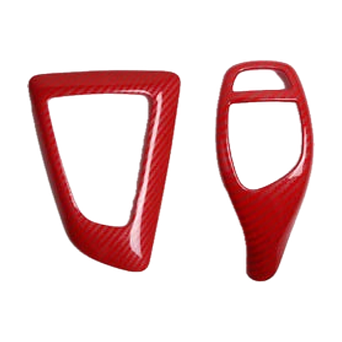 Red carbon fibre gear selector trim, Style B and C pair, left hand drive, for BMW F20, F30, F10, F25, F15 (2009-2021)