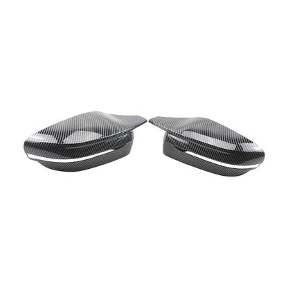 Carbon fiber look mirror cap pair, LHD version, front view, for BMW G20 / G22 / G30 / G11 / G15 / G42