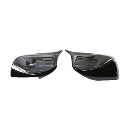 Bright black mirror cover caps pair, front view, for BMW E60 / E61 / E63 / E64 (2004-2008)