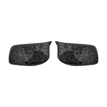Forged carbon look mirror cover caps pair, front view, for BMW E60 / E61 / E63 / E64 (2004-2008)