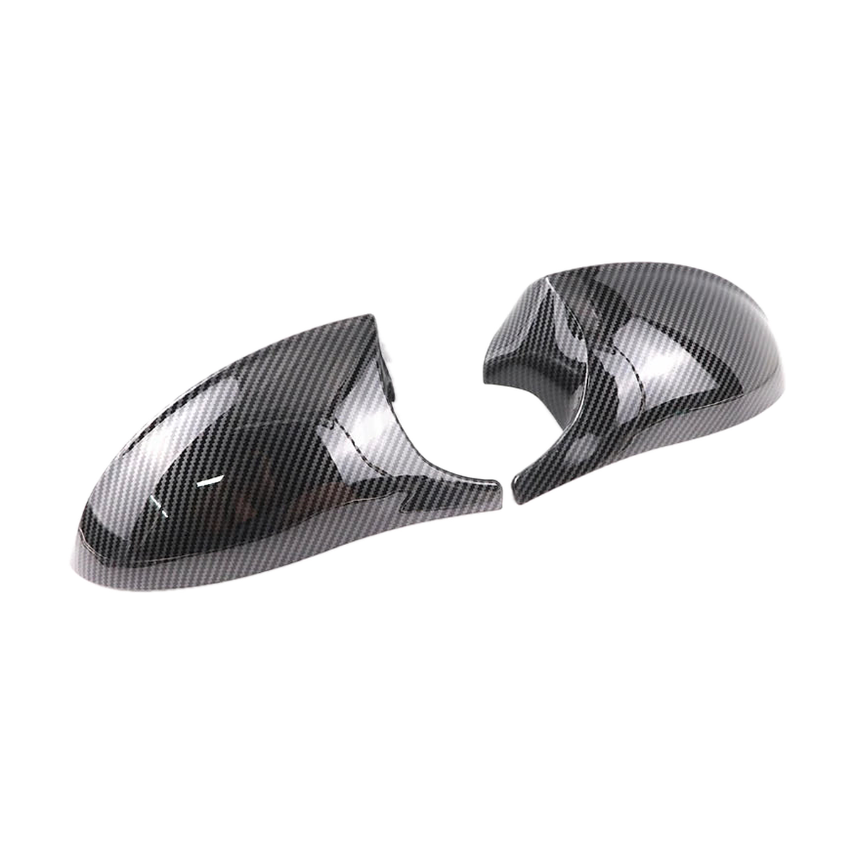 Carbon pattern mirror cap pair, angled view, for BMW E81 / E82 / E87 / E88 / E90 / E91 / E92 / E93