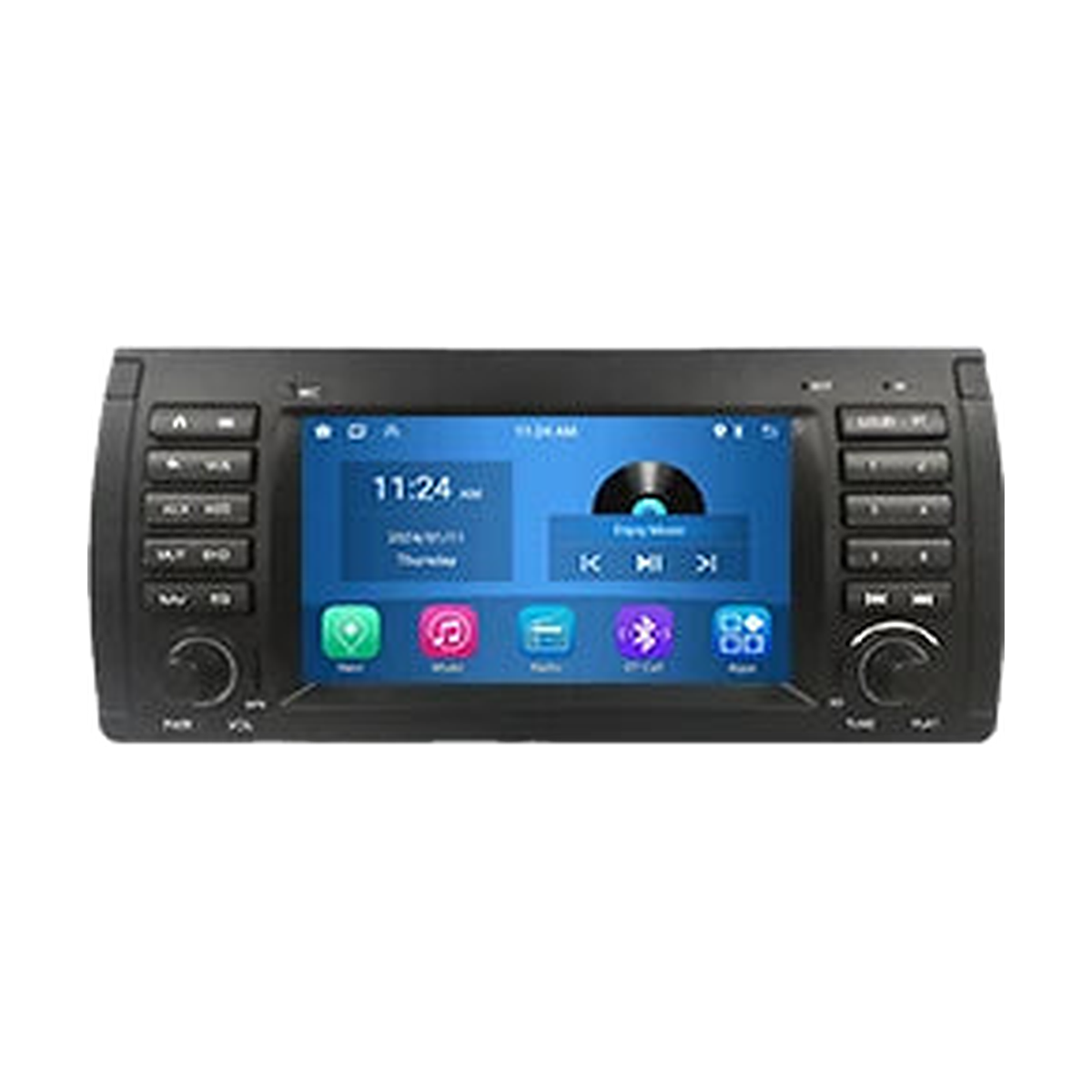 7-inch Android head unit with CarPlay, control buttons and music player screen, for BMW 5 Series E39, X5 E53 (1995-2006)