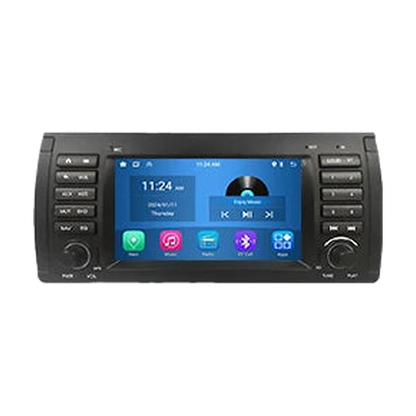 7-inch Android head unit with CarPlay, front view with music player screen, for BMW 5 Series E39, X5 E53 (1995-2006)