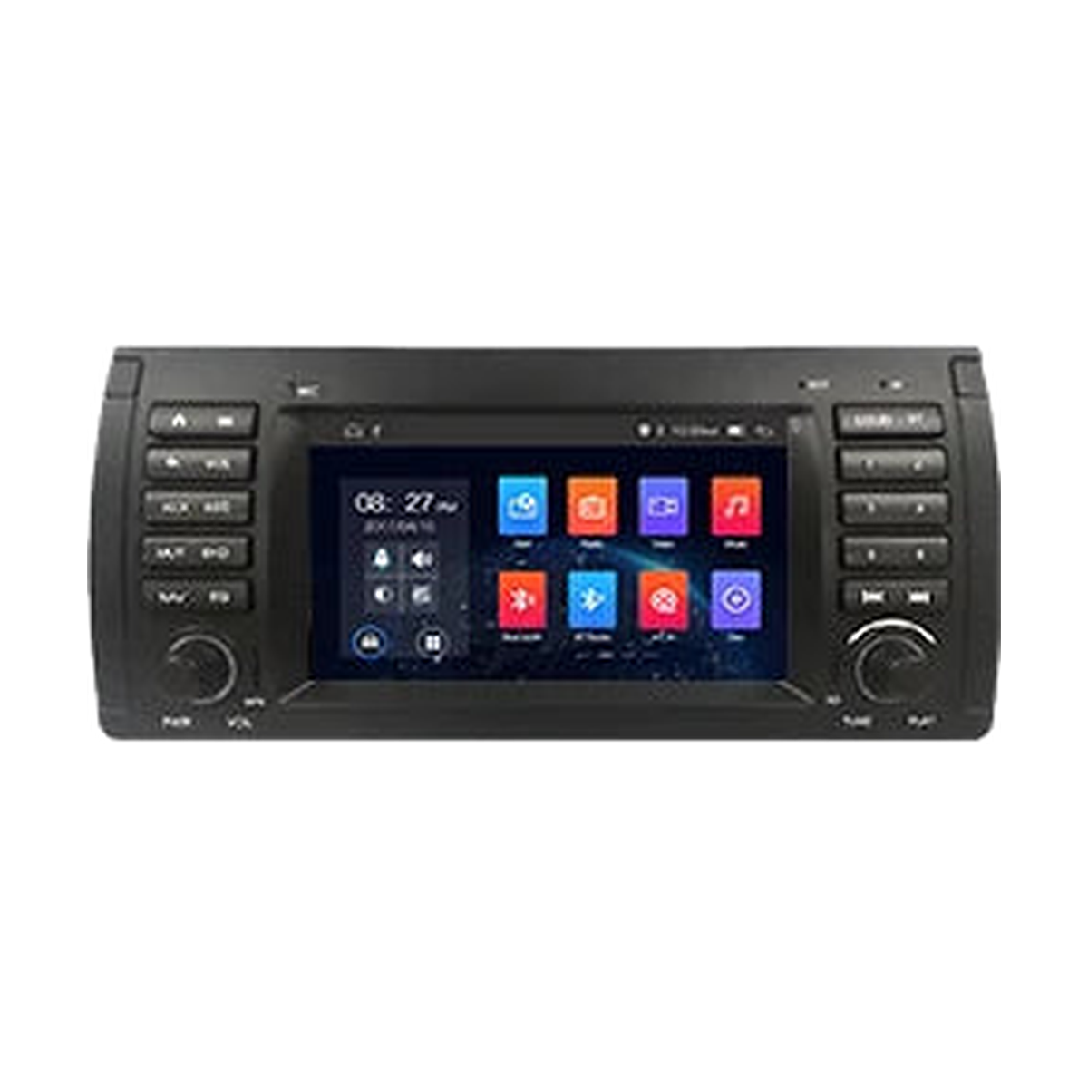 7-inch Android head unit with CarPlay, home screen with app icons, for BMW 5 Series E39, X5 E53 (1995-2006)