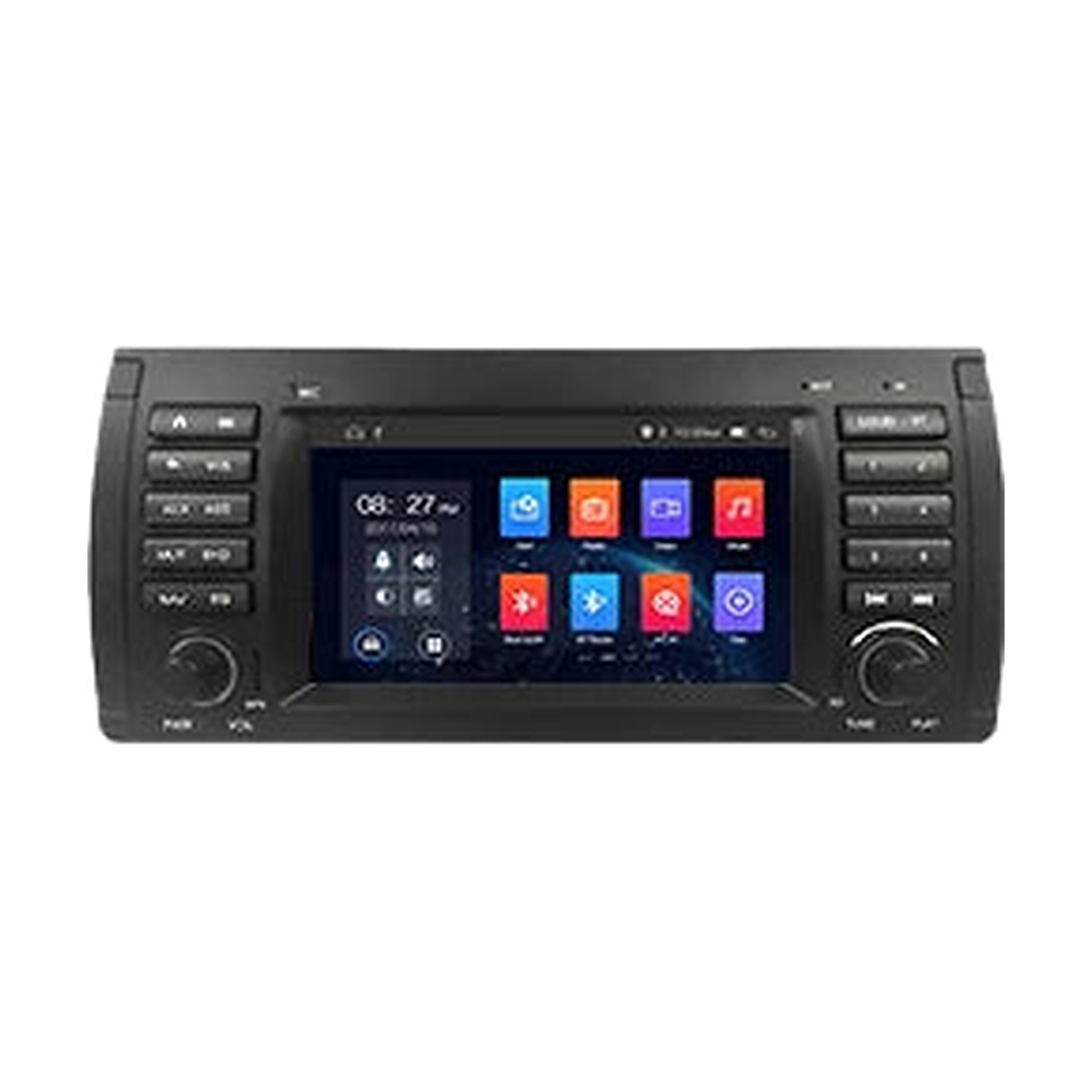 7-inch Android head unit with CarPlay, front view with home screen and app icons, for BMW 5 Series E39, X5 E53 (1995-2006)