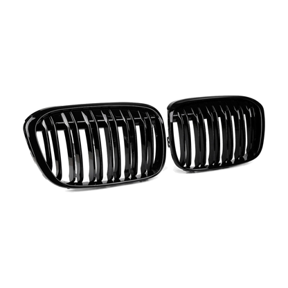 Gloss black twin-slat kidney grille pair for BMW X1 F48 (2015-2019), angled view