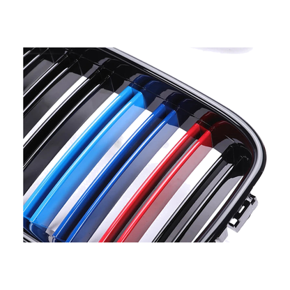 Close-up of the M tricolor slat stripe on a gloss black kidney grille for BMW E36 Pre-LCI (1992-1996)