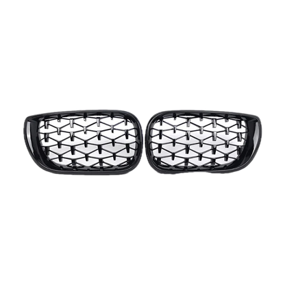 Black net-shape mesh kidney grille pair for BMW 3 Series E46 4-Door, 2002-2005