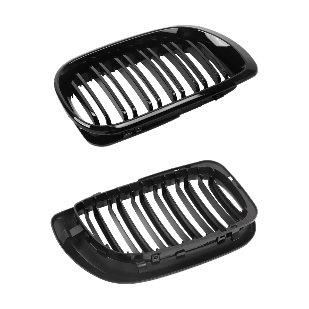 Front and back view of a gloss black kidney grille for BMW 3 Series E46 Saloon and 2-Door (1997-2006)