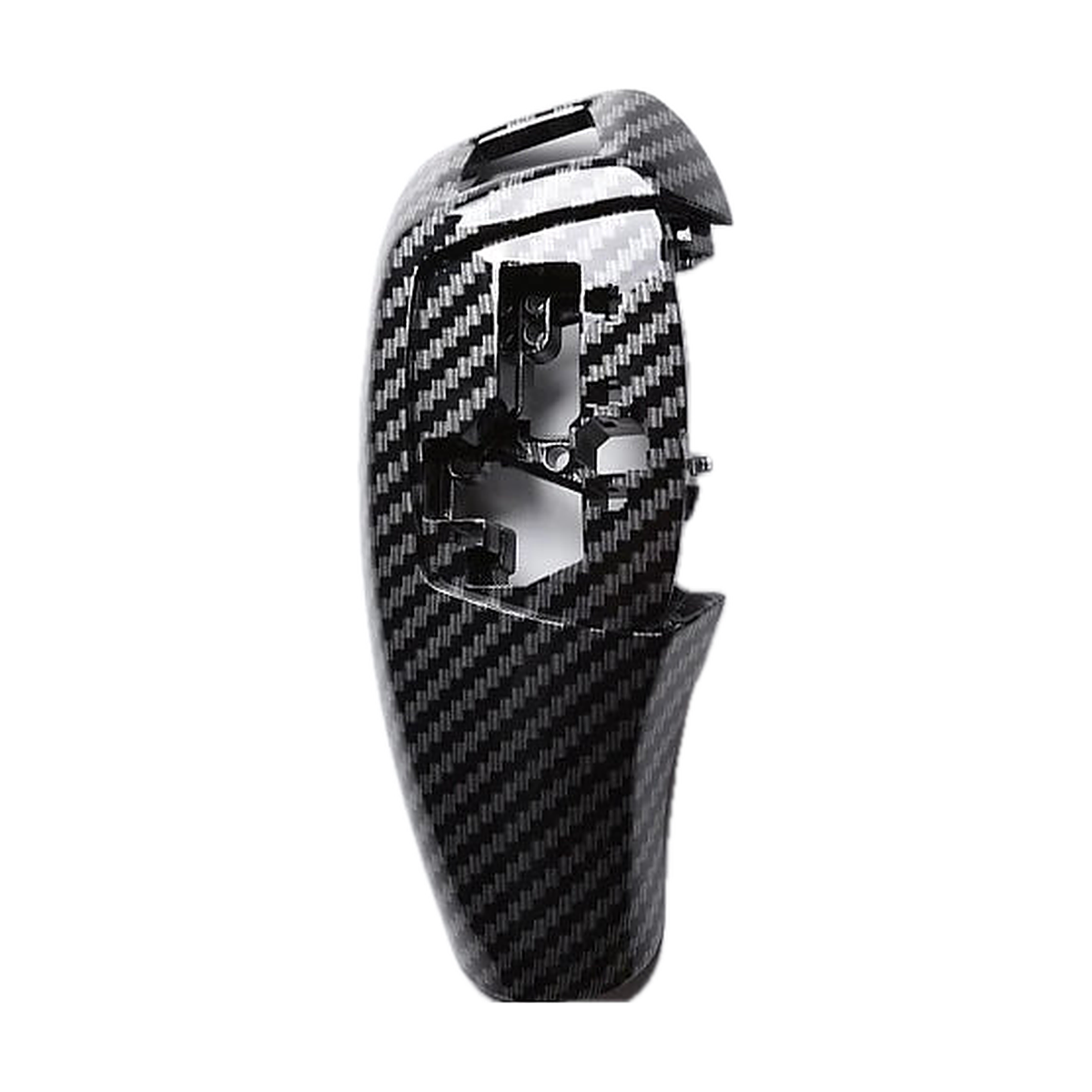 Design B carbon fiber look knob cover, right hand drive, side view, for BMW F30 / F10 / F20 / F32 / F25