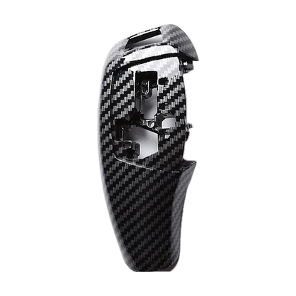 Design B carbon fiber look knob cover, right hand drive, side view, for BMW F30 / F10 / F20 / F32 / F25