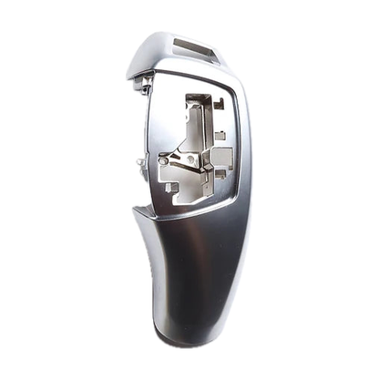 Design B silver gear selector knob cover, left hand drive, side view, for BMW F30 / F10 / F20 / F32 / F25