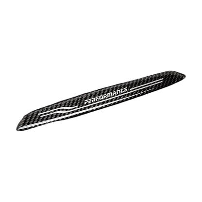 Carbon fiber door sill scuff plate with Performance logo, angled view, for BMW 3 Series GT F34 / F35 (2013-2018)
