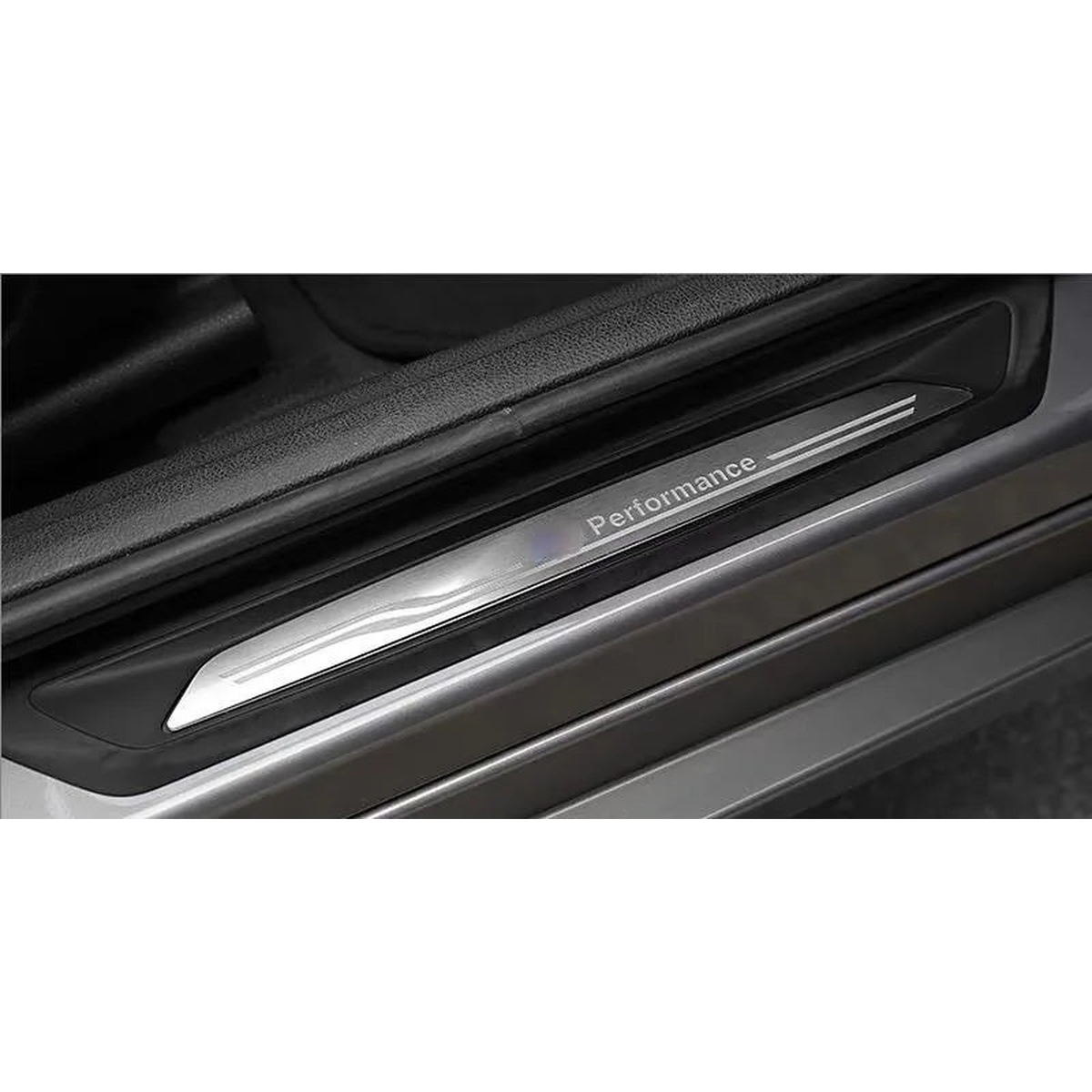 Stainless steel door sill scuff plate installed, Performance logo, for BMW 3 Series GT F34 and 4 Series F36 (2013-2018)