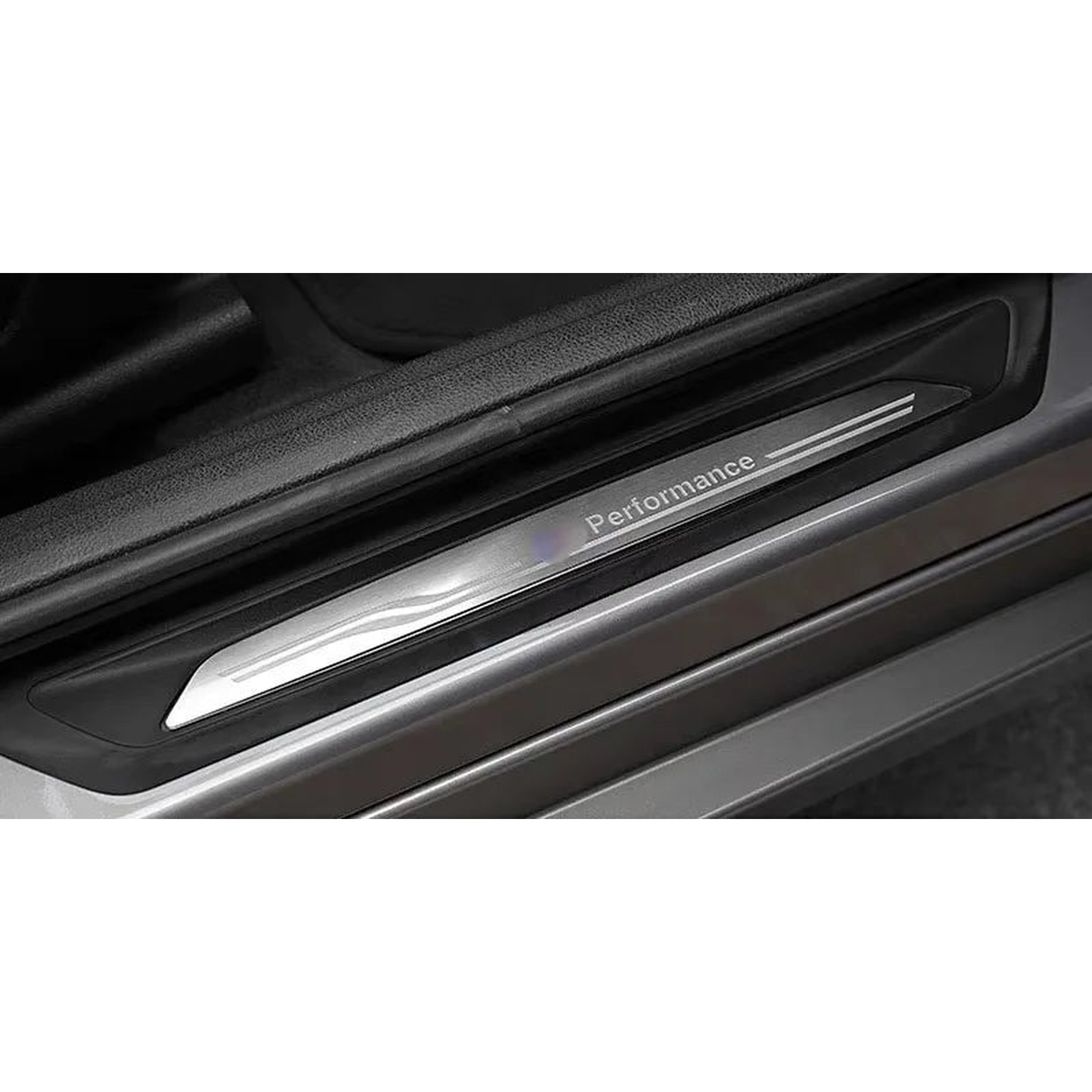 Stainless steel door sill scuff plate installed, Performance logo, for BMW 1 Series F20, 2 Series F45, 3 Series F30, X1 F48