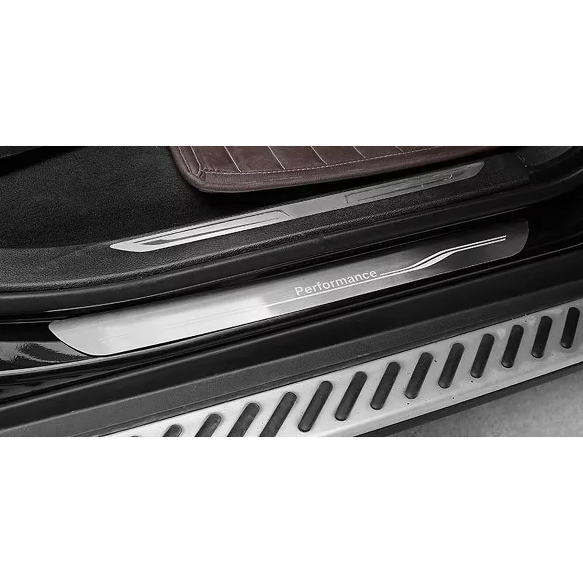 Stainless steel door sill scuff plates, Performance logo, for BMW X5 G05 (2019-2022) and X5 / X6 (2009-2013)
