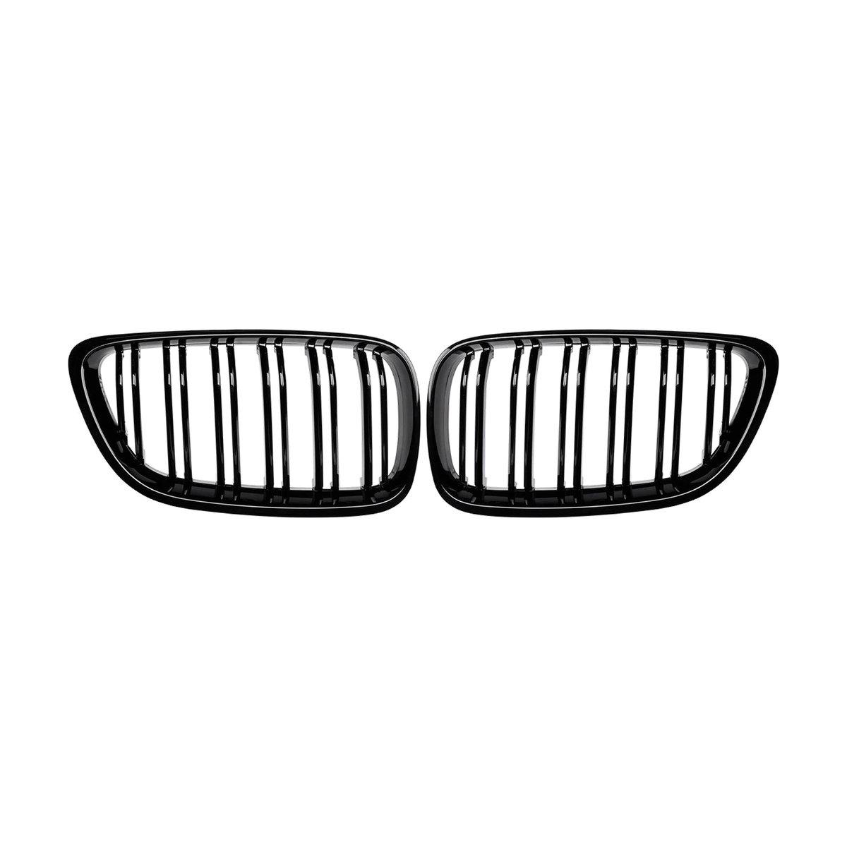 Gloss black double slat kidney grille pair, front view, for BMW 2 Series F22 F23 F87 M2 (2014-2018)