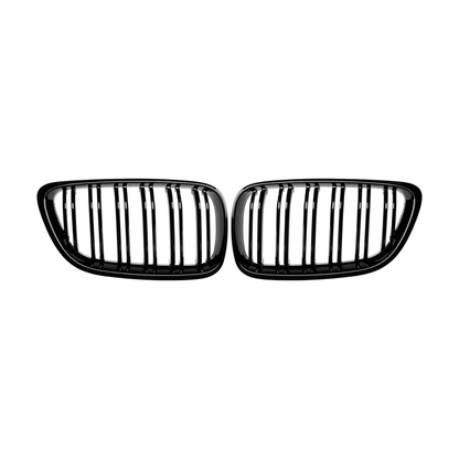 Gloss black double slat kidney grille pair, front view, for BMW 2 Series F22 F23 F87 M2 (2014-2018)